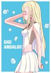  1girl arm_up blonde_hair blue_background blue_eyes blush border breasts cape clothing_cutout collar commentary dripping earrings gigi_andalusia gundam gundam_hathaway&#039;s_flash highres jewelry looking_ahead mobile_suit_gundam parted_lips profile simple_background skirt sleeveless small_breasts steam stomach_cutout sweat upper_body white_border yu_ki_ruta60 