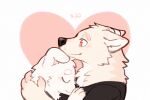  anthro asnnonaka black_clothing black_nose black_topwear canid canine canis cheek_tuft chest_tuft closed_smile clothed clothing domestic_dog duo ears_back embrace eyes_closed facial_tuft floppy_ears fur glistening glistening_eyes heart_background hug male mammal mouth_closed neck_tuft pink_body pink_ears pink_fur pivoted_ears red_eyes side_view topwear tuft unsigned white_body white_fur 