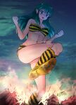  1girl animal_print bikini blue_eyes boots breasts dated destruction giant giantess green_hair horns knee_boots large_breasts leg_lift long_hair lum navel oni oni_horns open_mouth pointy_ears print_footwear smile solo stomach strapless strapless_bikini swimsuit tiger_print torajimaneko twitter_username urusei_yatsura yellow_bikini 