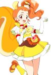  1girl :d animal_ears arisugawa_himari choker cure_custard dress earrings elbow_gloves extra_ears food food_on_head gloves hairband heart jewelry kirakira_precure_a_la_mode kneehighs leg_up long_hair magical_girl object_on_head open_mouth orange_footwear orange_hair paw_pose precure pudding red_choker red_eyes short_dress side_ponytail simple_background smile socks solo squirrel_ears squirrel_girl squirrel_tail tail white_background white_gloves yellow_hairband yellow_socks youhei_64d 