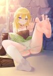 1girl absurdres anus bangs bar_censor barefoot blonde_hair boots boots_removed breasts brown_eyes brown_footwear censored choker collarbone commission embarrassed english_commentary feet foot_up foreshortening full_body green_jacket hand_up heterochromia highres jacket kou_futoshi leaning_back legs loose_socks nipples no_shoes on_floor original pointy_ears purple_eyes pussy small_breasts socks solo spread_toes stone_wall thighs toes wall white_socks 