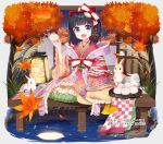  1girl :d animal autumn_leaves bangs black_hair bow character_request commentary_request egasumi frilled_kimono frills fruits_fulcute! green_hakama hair_bow hakama hakama_skirt hand_up holding japanese_clothes kayase kimono lantern leaf long_sleeves looking_at_viewer maple_leaf official_art purple_eyes rabbit red_kimono shawl skirt smile solo tray tree water white_bow wide_sleeves 