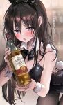  1girl :o alcohol animal_ears bangs bare_arms black_bow black_bowtie black_hair black_leotard black_pantyhose blurry blurry_background blush bottle bow bowtie breasts cleavage collarbone commentary_request detached_collar hair_between_eyes highres holding holding_bottle leaning_forward leotard long_hair open_mouth original pantyhose playboy_bunny purple_eyes rabbit_ears rabbit_tail saya_(mychristian2) solo tail wrist_cuffs 