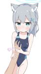  1boy 1girl animal_ear_fluff animal_ears bangs bare_arms bare_shoulders black_one-piece_swimsuit blue_archive blue_eyes blush breast_grab breasts closed_mouth collarbone commentary_request covered_navel feet_out_of_frame grabbing grey_hair groin guided_breast_grab guiding_hand hair_between_eyes halo hetero highres long_hair looking_at_viewer munakyomu one-piece_swimsuit shiroko_(blue_archive) shiroko_(swimsuit)_(blue_archive) simple_background small_breasts solo_focus swimsuit white_background 