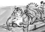 2022 anthro anthro_on_top biped breast_squish breasts breasts_on_face butt digital_media_(artwork) doctordj duo felid female female_on_top fur furniture greyscale head_between_breasts hi_res human human_on_anthro human_on_bottom interspecies lying male male/female male_on_bottom mammal monochrome nipples on_back on_bottom on_front on_sofa on_top pantherine smothering sofa squish striped_body striped_fur stripes tiger 