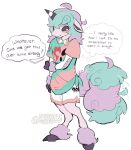  2022 anthro bede_(pok&eacute;mon) blush bottomwear clothed clothing dialogue ears_down embarrassed english_text equid equine fluffy fluffy_tail fully_clothed fur galarian_form galarian_ponyta green_body green_fur hi_res hooves horn male mammal nintendo pivoted_ears pokemon pokemon_(species) purple_body purple_fur regional_form_(pokemon) secretly_loves_it shirt shorts signature simple_background snout solo speech_bubble tail_motion tailwag text thought_bubble topwear unguligrade video_games white_background yenkoby 