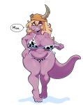  animal_print anthro big_breasts bikini bikini_pull blonde_hair breasts broken_horn cass_(simplifypm) clothing clothing_pull cow_print curvy_figure dragon english_text eyelashes female hair headgear headwear hi_res horn huge_breasts huge_hips looking_at_viewer navel non-mammal_breasts pupils purple_body scalie scar slightly_chubby slit_pupils smile solo somescrub speech_bubble standing swimwear swimwear_pull text thick_tail thick_thighs voluptuous wide_hips 