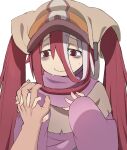  1boy 1girl absurdres bags_under_eyes bitseon closed_mouth embarrassed hands_up hat head_scarf hetero highres holding_hands holding_hands_is_lewd long_hair made_in_abyss purple_robe red_eyes red_hair robe simple_background smile sweat twintails veko white_background 