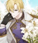  1boy 99ghxst alberu_crossman black_gloves blonde_hair blue_eyes flower gloves korean_commentary looking_at_viewer lout_of_count&#039;s_family male_focus short_hair solo upper_body white_flower 