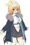  1girl :o ahoge asymmetrical_eyewear bangs between_breasts black_coat blonde_hair blue_archive blue_necktie breasts cleavage coat cowboy_shot dress_shirt fur-trimmed_sleeves fur_collar fur_trim grey_skirt hair_between_eyes halo kotori_(blue_archive) large_breasts long_sleeves looking_to_the_side navel necktie necktie_between_breasts open_clothes open_coat open_mouth pleated_skirt red_eyes semi-rimless_eyewear shirt short_hair simple_background skirt solo under-rim_eyewear white_background white_shirt youhei_64d 