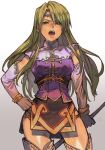  1girl angry blonde_hair bracelet circlet dress elbow_gloves gloves green_eyes hand_on_hip hungry_clicker jewelry long_hair looking_at_viewer mystina_(valkyrie_profile) open_mouth purple_dress solo standing valkyrie_profile white_background 