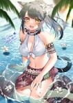  1girl :d animal_ears arm_tattoo avatar_(ff14) bare_arms bare_shoulders bikini black_hair blush breasts cat_ears cat_girl cat_tail cleavage commission facial_mark final_fantasy final_fantasy_xiv flower hair_flower hair_ornament highres jewelry long_hair looking_at_viewer medium_breasts midriff miqo&#039;te navel necklace open_mouth palm_leaf sarong sitting skeb_commission slit_pupils smile solo swimsuit tail tattoo tropical water white_bikini yam_(yamap_mako) yokozuwari 