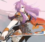  1girl armor artist_request asymmetrical_clothes bangs breasts cape choker cleavage closed_mouth fire_emblem fire_emblem:_three_houses fire_emblem_warriors:_three_hopes gloves hair_bun hair_over_one_eye highres large_breasts long_hair looking_at_viewer purple_eyes purple_hair shez_(fire_emblem) shez_(fire_emblem)_(female) simple_background single_hair_bun smile solo sword weapon 