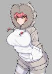  1girl a888_n22 animal_ears arms_behind_back bangs breasts closed_mouth cowboy_shot drawstring fur-trimmed_hood fur_trim grey_background hair_between_eyes highres hood hood_up hoodie japanese_macaque_(kemono_friends) kemono_friends large_breasts leaning_forward legwear_under_shorts long_sleeves looking_at_viewer monkey_ears monkey_girl monkey_tail pantyhose pantyhose_under_shorts pink_hair pocket short_shorts shorts simple_background smile solo striped striped_pantyhose tail taut_clothes yellow_background 