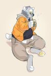  anthro asnnonaka beverage black_clothing black_nose black_topwear bottomwear clothed clothing drinking eyewear full-length_portrait fur glasses grey_body grey_bottomwear grey_clothing grey_fur grey_pants head_tuft hi_res holding_beverage holding_object male orange_clothing orange_topwear overweight overweight_anthro overweight_male pants pawpads portrait signature simple_background sitting solo square_glasses three-quarter_view topwear tuft white_body white_fur wide_eyed yellow_pawpads 