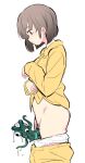  1girl buttons censored closed_mouth clothes_pull dress_shirt female_pubic_hair from_side grey_hair highres long_sleeves looking_down monster orange_eyes original panties pants pants_pull panty_pull pubic_hair shirt simple_background underwear white_background white_panties yellow_pants yellow_shirt youhei_64d 