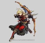  1boy arrow_(projectile) bangs black_footwear black_gloves black_headband black_jacket blonde_hair boots bow_(weapon) drawing_bow fire_emblem fire_emblem_heroes full_body gloves grey_background hair_between_eyes headband holding holding_bow_(weapon) holding_weapon jacket jeorge_(fire_emblem) knee_boots long_hair low_ponytail male_focus official_art pants parted_bangs parted_lips ponytail quiver red_eyes red_pants riz3 short_sleeves simple_background solo standing standing_on_one_leg watermark weapon 