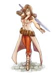  1girl arm_behind_head asymmetrical_hair bare_shoulders beatrix_(ff9) belt breasts brick_floor brown_eyes brown_hair brown_leggings cleavage curly_hair dress eyepatch final_fantasy final_fantasy_ix full_body gloves grey_dress grey_gloves highres komugiko_no_mori leggings looking_at_viewer loose_belt medium_breasts medium_hair metal_boots one_eye_covered sleeveless sleeveless_dress smile solo standing sword weapon weapon_on_back white_background 