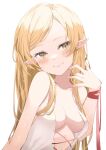  1girl bare_shoulders blonde_hair blush bow breasts cleavage commentary_request kiss-shot_acerola-orion_heart-under-blade long_hair looking_at_viewer medium_breasts monogatari_(series) oshino_shinobu red_bow simple_background smile solo sutei_(arece15) vampire white_background yellow_eyes 