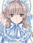  1girl aqua_eyes artist_name bangs blonde_hair blue_bow blue_dress blue_headwear blue_ribbon blue_theme blunt_bangs blunt_ends bonnet bow dress expressionless frilled_dress frills gosick grey_background hand_on_headwear harugamitsu hime_cut lolita_fashion long_hair looking_at_viewer parted_lips ribbon sidelocks signature simple_background sketch solo split_mouth upper_body victorica_de_blois 