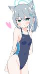  1girl animal_ear_fluff animal_ears arm_behind_back bangs bare_arms bare_shoulders black_one-piece_swimsuit blue_archive blue_eyes blush breasts closed_mouth commentary_request covered_navel grey_hair groin hair_between_eyes halo heart highres munakyomu one-piece_swimsuit shiroko_(blue_archive) shiroko_(swimsuit)_(blue_archive) simple_background small_breasts smile solo swimsuit white_background 