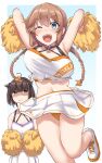  2girls absurdres alternate_costume armpits arms_up blue_eyes border breast_envy brown_hair cheerleader closed_mouth hatsuzuki_(kancolle) highres holding holding_pom_poms kantai_collection kiritto looking_at_viewer midair multiple_girls one_eye_closed orange_panties panties pom_pom_(cheerleading) shoes short_hair sneakers teeth teruzuki_(kancolle) twintails underwear upper_teeth white_border yellow_eyes 