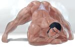  1boy ass bara beard black_eyes black_hair blush facial_hair fumio_(snnmfmw) fundoshi golden_kamuy hairy highres huge_ass jack-o&#039;_challenge japanese_clothes looking_at_viewer male_focus male_underwear manly mature_male muscular muscular_male short_hair simple_background solo spread_legs tanigaki_genjirou thick_arms thick_eyebrows thick_thighs thighs underwear white_background white_male_underwear 