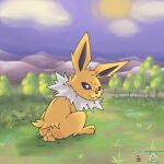  1:1 2022 absurd_res anus aztepyeen backsack balls black_sclera cloud cute_fangs eeveelution feral fur generation_1_pokemon genitals grass hi_res jolteon looking_at_viewer looking_back looking_back_at_viewer male nintendo nude outside plant pokemon pokemon_(species) quadruped rear_view sitting solo sun tree video_games white_eyes yellow_body yellow_fur 