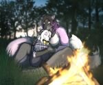  2022 4_toes anthro big_breasts black_hair blokfort breasts camp campfire canid canine canis clothing cowbell cuddling duo embrace eyes_closed feet female female/female fire fox glowing glowing_eyes grass hair highlights_(coloring) hug mammal meadow outside plaid plant sitting sunset toes tree white_hair wolf 