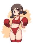  1girl bare_shoulders boxing_gloves breasts brown_background brown_hair closed_mouth collarbone commentary cropped_legs difman groin highres looking_at_viewer low_twintails navel original purple_eyes red_thighhighs short_eyebrows short_twintails simple_background small_breasts solo standing symbol-only_commentary thick_eyebrows thighhighs twintails two-tone_background white_background 