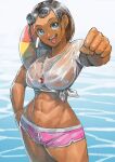  1girl abs absurdres areola_slip arung_samudra_(cessa) borrowed_character breasts brown_hair cirenk clenched_hand dark-skinned_female dark_skin dolphin_shorts earrings english_commentary eyewear_on_head fist_bump grey_eyes hand_on_hip highres innertube jewelry large_breasts lips lipstick looking_at_viewer lowleg lowleg_shorts makeup midriff no_bra ombok_diving_and_delivery_services open_mouth outstretched_arm pink_shorts shirt short_hair short_shorts shorts side-tie_shirt solo stud_earrings sunglasses teeth thighs toned very_dark_skin wading water wet wet_clothes wet_shirt 