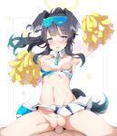  1boy 1girl animal_ears armpits black_hair blue_archive blush breasts breasts_out censored cheerleader choker clothed_sex cowgirl_position crop_top dog_ears dog_girl dog_tail eyewear_on_head girl_on_top goggles goggles_on_head hair_ornament halo hetero hibiki_(blue_archive) hibiki_(cheerleader)_(blue_archive) highres holding holding_pom_poms long_hair looking_to_the_side midriff miniskirt mosaic_censoring navel nipples open_mouth penis pom_pom_(cheerleading) ponytail pov pussy ripe.c sex skirt small_breasts solo_focus spread_legs star_(symbol) sticker_on_face straddling tail vaginal 