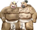  2022 anthro ashigara asian_clothing belly big_belly blush bodily_fluids brown_body canid canine canis clothing domestic_dog duo east_asian_clothing embrace eyes_closed hi_res hon55728 hug japanese_clothing kemono lifewonders male mammal mawashi moobs overweight overweight_male scar sumo sumo_wrestler sweat tokyo_afterschool_summoners ursid video_games yasuyori 