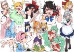  6+girls absurdres animal_ears apron ascot black_footwear black_hair black_hairband blonde_hair blue_bow blue_eyes bow bracelet brown_eyes cat_ears closed_eyes closed_mouth cloud_print coin curly_hair dragon_horns drill_locks flower folding_fan goutokuji_mike green_eyes green_hair grey_hair hair_bow hair_flower hair_ornament hairband hakurei_reimu hand_fan hata_no_kokoro headdress hieda_no_akyuu highres horns izayoi_sakuya japanese_clothes jewelry juliet_sleeves kariyushi_shirt kicchou_yachie kijin_seija kimono komainu komano_aunn komeiji_satori long_hair long_sleeves looking_at_another looking_at_viewer luna_child maid maid_headdress mefomefo minigirl multicolored_clothes multicolored_hair multiple_girls noh_mask ofuda open_mouth orange_eyes orange_hair otter_spirit_(touhou) pink_hair puffy_sleeves purple_eyes purple_hair red_bow red_eyes red_hair red_kimono red_shirt satsuki_rin scroll shirt short_hair simple_background single_horn star_sapphire streaked_hair sukuna_shinmyoumaru sunny_milk teeth touhou two_side_up waist_apron white_apron white_background white_flower white_hair white_headwear yellow_ascot 