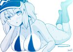  1girl alternate_costume ass bangs bikini blue_theme blush boots breasts cleavage commentary_request flat_cap full_body hair_bobbles hair_ornament hat head_rest highres kagiyama_pandra kawashiro_nitori large_breasts looking_at_viewer lying medium_hair monochrome on_stomach open_mouth sidelocks simple_background solo sweat swimsuit the_pose touhou two_side_up untied untied_bikini 