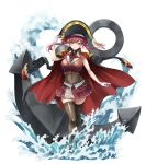  1girl absurdres anchor anno_masato belt breasts coat coat_on_shoulders covered_navel epaulettes gloves hat heterochromia highres hololive houshou_marine large_breasts leotard leotard_under_clothes pirate_hat pleated_skirt red_eyes red_hair skirt smile thighhighs twintails virtual_youtuber water white_gloves yellow_eyes 