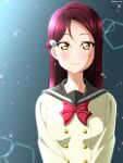  1girl absurdres artist_name bow bowtie closed_mouth commentary_request facing_viewer grey_sailor_collar hair_ornament highres isami_don lens_flare long_hair long_sleeves love_live! love_live!_sunshine!! red_bow red_bowtie red_hair sailor_collar sakurauchi_riko school_uniform smile solo upper_body uranohoshi_school_uniform yellow_eyes 
