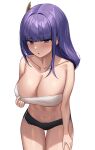  1girl absurdres alternate_costume bare_shoulders black_shorts breasts cleavage commentary_request crop_top dolphin_shorts genshin_impact hair_ornament hand_on_own_thigh highres large_breasts lkdv long_hair looking_at_viewer mole mole_under_eye navel parted_lips purple_eyes purple_hair raiden_shogun short_shorts shorts simple_background solo stomach thigh_gap thighs white_background 