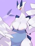 2022 absurd_res anthro barely_visible_nipples big_breasts biped blue_body breasts cleavage clothed clothing digital_media_(artwork) eyelashes female generation_2_pokemon hi_res kame_3 legendary_pokemon looking_at_viewer lugia multicolored_body nintendo nipples pokemon pokemon_(species) purple_background semi-anthro simple_background solo two_tone_body video_games white_body wide_hips 