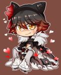 1boy abs bangs black_cape black_cat black_gloves black_hair black_shirt brown_background cape cat chibi closed_mouth commentary_request cone_hair_bun crop_top fingerless_gloves fingernails full_body fur-trimmed_pants fur_cape fur_collar gloves grey_pants hair_between_eyes hair_bun heart looking_at_viewer love_morocc male_focus midriff navel official_alternate_costume pants pectorals ragnarok_online red_hair red_nails scar scar_on_cheek scar_on_face scar_on_nose scar_on_stomach shadow_chaser_(ragnarok_online) sharp_fingernails shirt short_hair simple_background slit_pupils smile solo tight tight_shirt yellow_eyes 