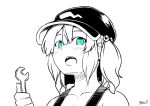  1girl bangs blue_eyes blush commentary_request flat_cap greyscale hair_bobbles hair_ornament hat highres holding holding_wrench kagiyama_pandra kawashiro_nitori looking_at_viewer medium_hair monochrome open_mouth portrait sidelocks simple_background solo spot_color tank_top touhou two_side_up wrench 