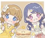  2girls black_hair blue_eyes brown_hair commentary_request cottonplum fang flower food fork fukumaru_koito hair_flower hair_ornament hairclip highres holding holding_fork holding_knife idolmaster idolmaster_million_live! idolmaster_shiny_colors knife long_hair long_sleeves low_twintails multiple_girls open_mouth pancake purple_eyes shirt short_hair sparkling_eyes suou_momoko twintails white_shirt yellow_shirt 