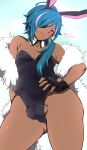  1boy adjusting_clothes adjusting_leotard ass_visible_through_thighs bare_shoulders blue_eyes blue_hair bulge collarbone contrapposto dark_skin detached_collar earrings erection erection_under_clothes eyepatch fingerless_gloves from_below fur genshin_impact gloves head_tilt ichino_(ichinon) jewelry kaeya_(genshin_impact) leotard long_hair looking_at_viewer male_playboy_bunny otoko_no_ko playboy_bunny shawl signature solo testicles 