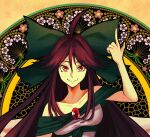  1girl ahoge arm_up bow brown_hair closed_mouth cosplay equality_taira fang floral_background green_bow hair_bow highres imaizumi_kagerou imaizumi_kagerou_(cosplay) index_finger_raised long_hair off_shoulder red_eyes reiuji_utsuho skin_fang smile solo touhou upper_body 