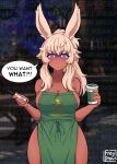  1girl absurdres animal_ears apron artist_name bangs blonde_hair blue_eyes blurry blurry_background blush breasts character_request cleavage collarbone copyright_request freckles freydraws highres holding iced_latte_with_breast_milk_(meme) large_breasts long_hair looking_at_viewer marker meme naked_apron parted_lips solo speech_bubble straight-on tareme thick_thighs thighs 