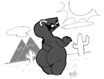  anthro big_butt butt cactus claws cloud cowolewd desert dinosaur dinosaur_(google_chrome) eyes_closed google google_chrome grey_body happy monochrome mountain plant reptile scalie signature smile solo sun thick_thighs 