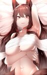  1girl absurdres akagi_(azur_lane) animal_ear_fluff animal_ears armpits arms_behind_head azur_lane breasts brown_hair brown_tail highres kitsune large_breasts large_tail long_hair lying multiple_tails naked_towel navel on_back red_eyes samip stomach tail towel 