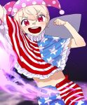  10000_we 1boy :d adapted_costume american_flag american_flag_dress blonde_hair clownpiece dress fairy_wings genderswap genderswap_(ftm) hat highres jester_cap looking_at_viewer navel polka_dot red_eyes smile solo space star_(symbol) star_print striped touhou wings 