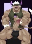  anatake anthro biceps big_muscles big_penis black_clothing black_thong black_underwear bovid bovine brown_body brown_skin cattle chest_tuft clothing erection genitals glans hi_res horn huge_muscles huge_penis looking_at_viewer male mammal muscular muscular_anthro muscular_male penis pink_glans quads shennong shirt simple_background sitting solo tank_top thong tight_clothing topwear tuft underwear vein veiny_muscles veiny_penis 