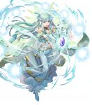  1girl aqua_hair azu-taro bangs breasts cape dress fire_emblem fire_emblem:_the_blazing_blade fire_emblem_heroes floating floating_object full_body glowing gold_trim gradient gradient_clothes highres leg_up long_dress long_hair long_skirt looking_away medium_breasts ninian_(fire_emblem) non-web_source official_art open_mouth pale_skin red_eyes see-through shiny shiny_hair shoes skirt snowflake_print solo stone teeth transparent_background upper_teeth 